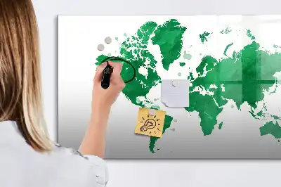 Magnetic glass dry erase board green world map design