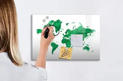 Magnetic glass dry erase board green world map design