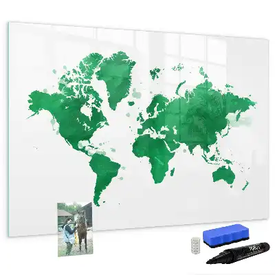 Magnetic glass dry erase board green world map design