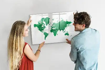 Magnetic glass dry erase board green world map design