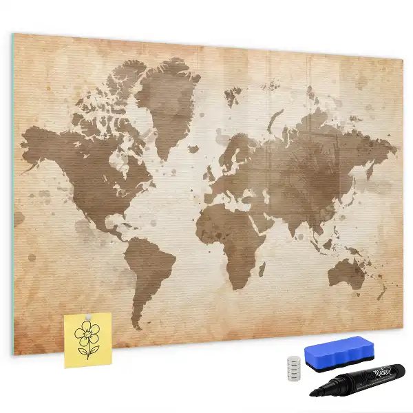 Magnetic glass dry erase board painted world map design