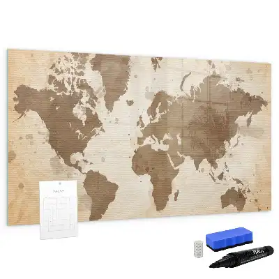 Magnetic glass dry erase board painted world map design