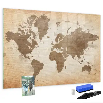 Magnetic glass dry erase board painted world map design