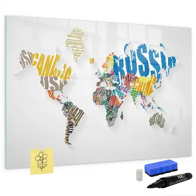 Magnetic glass dry erase board world map design