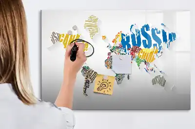 Magnetic glass dry erase board world map design