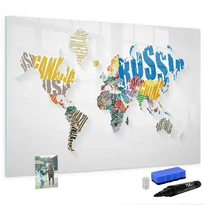 Magnetic glass dry erase board world map design