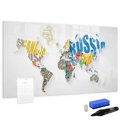 Magnetic glass dry erase board world map design