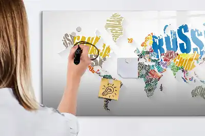 Magnetic glass dry erase board world map design