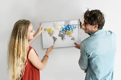 Magnetic glass dry erase board world map design
