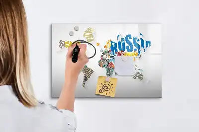 Magnetic glass dry erase board world map design