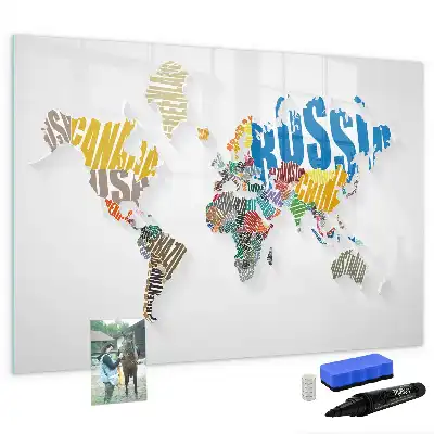 Magnetic glass dry erase board world map design