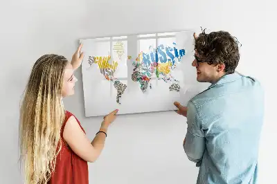 Magnetic glass dry erase board world map design