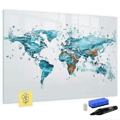 Magnetic glass dry erase board with a world map design