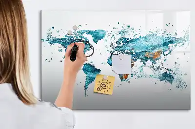 Magnetic glass dry erase board with a world map design
