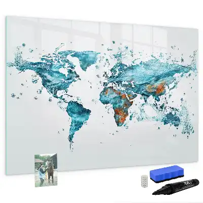 Magnetic glass dry erase board with a world map design