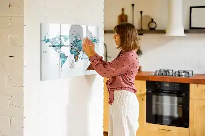 Magnetic glass dry erase board with a world map design