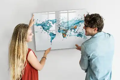 Magnetic glass dry erase board with a world map design