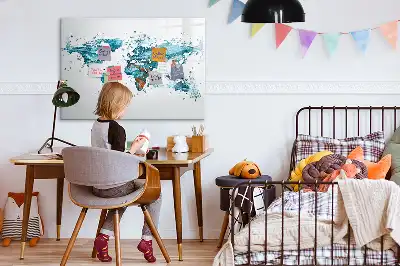 Magnetic glass dry erase board with a world map design
