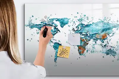 Magnetic glass dry erase board with a world map design