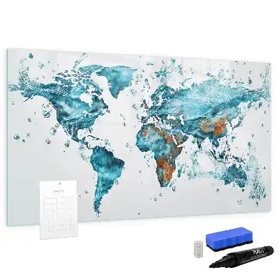Magnetic glass dry erase board with a world map design