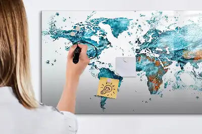 Magnetic glass dry erase board with a world map design