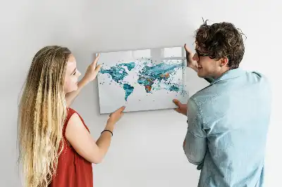 Magnetic glass dry erase board with a world map design
