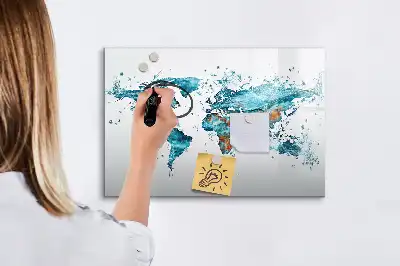 Magnetic glass dry erase board with a world map design