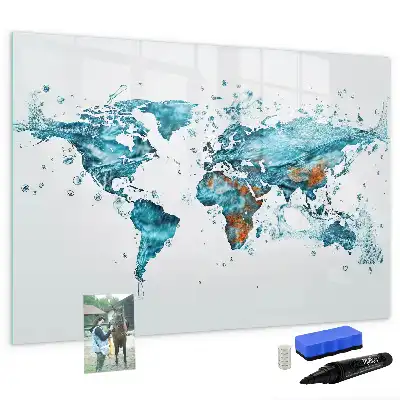 Magnetic glass dry erase board with a world map design