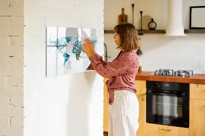 Magnetic glass dry erase board with a world map design