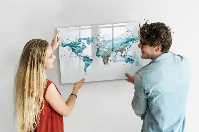 Magnetic glass dry erase board with a world map design