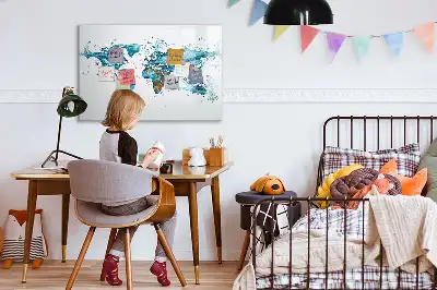 Magnetic glass dry erase board with a world map design