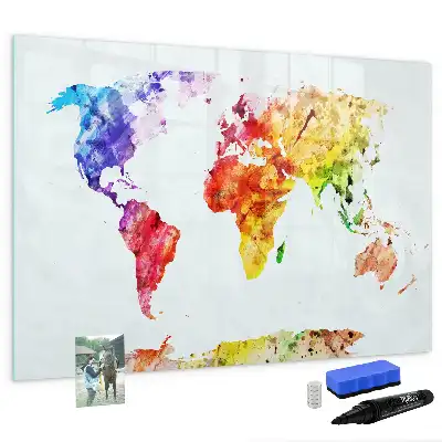 Magnetic marker board with watercolor world map print