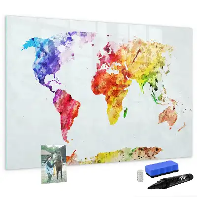Magnetic marker board with watercolor world map print