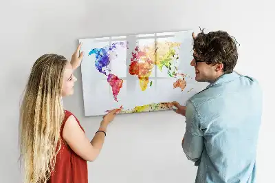 Magnetic marker board with watercolor world map print