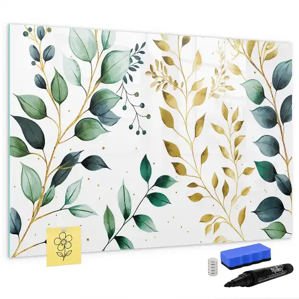 Magnetic glass dry erase board with plant leaf pattern