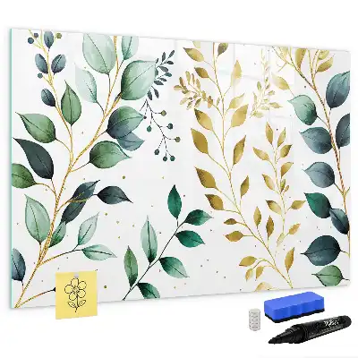 Magnetic glass dry erase board with plant leaf pattern