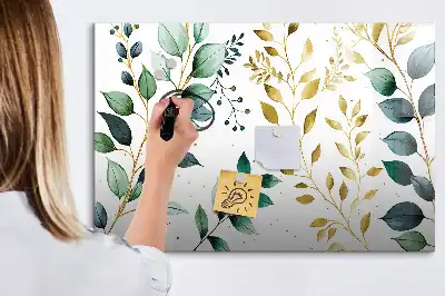 Magnetic glass dry erase board with plant leaf pattern