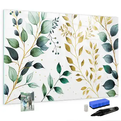 Magnetic glass dry erase board with plant leaf pattern