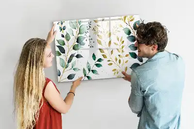 Magnetic glass dry erase board with plant leaf pattern