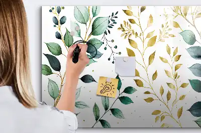 Magnetic glass dry erase board with plant leaf pattern