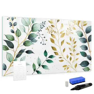Magnetic glass dry erase board with plant leaf pattern