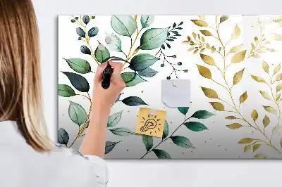 Magnetic glass dry erase board with plant leaf pattern