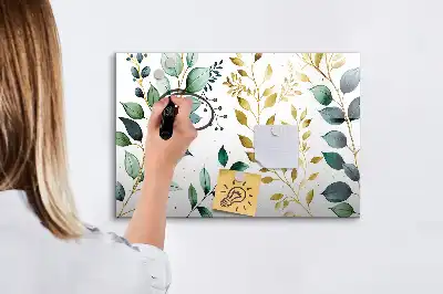 Magnetic glass dry erase board with plant leaf pattern