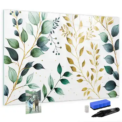 Magnetic glass dry erase board with plant leaf pattern