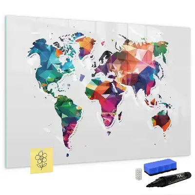 Magnetic glass dry erase board with a geometric world map print