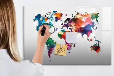 Magnetic glass dry erase board with a geometric world map print