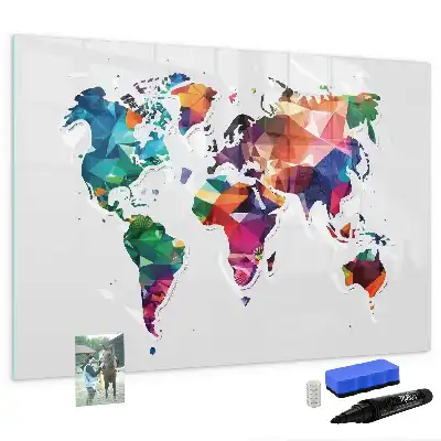 Magnetic glass dry erase board with a geometric world map print