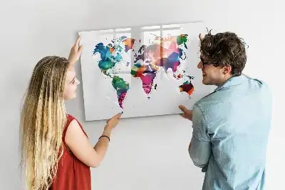 Magnetic glass dry erase board with a geometric world map print