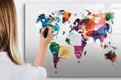 Magnetic glass dry erase board with a geometric world map print