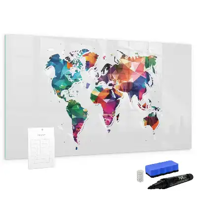 Magnetic glass dry erase board with a geometric world map print